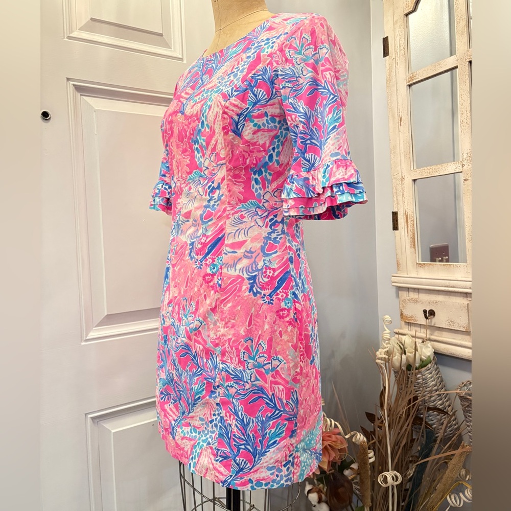Lilly Pulitzer Pink and Blue Printed Ruffle Sleeve Shift Dress - Picture 2 of 7